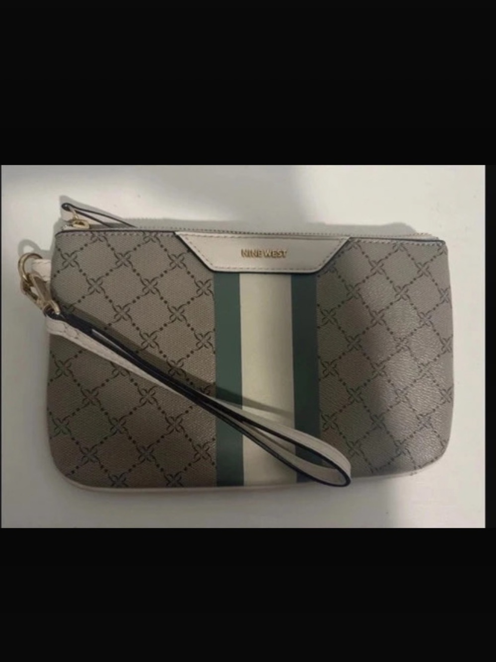 Nine West Logo Print Striped Wristlet Clutch Taupe Green